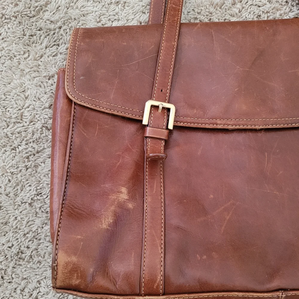GIANI BERNINI Leather Laptop Bag Briefcase Brown Buckle Distressed Travel Work